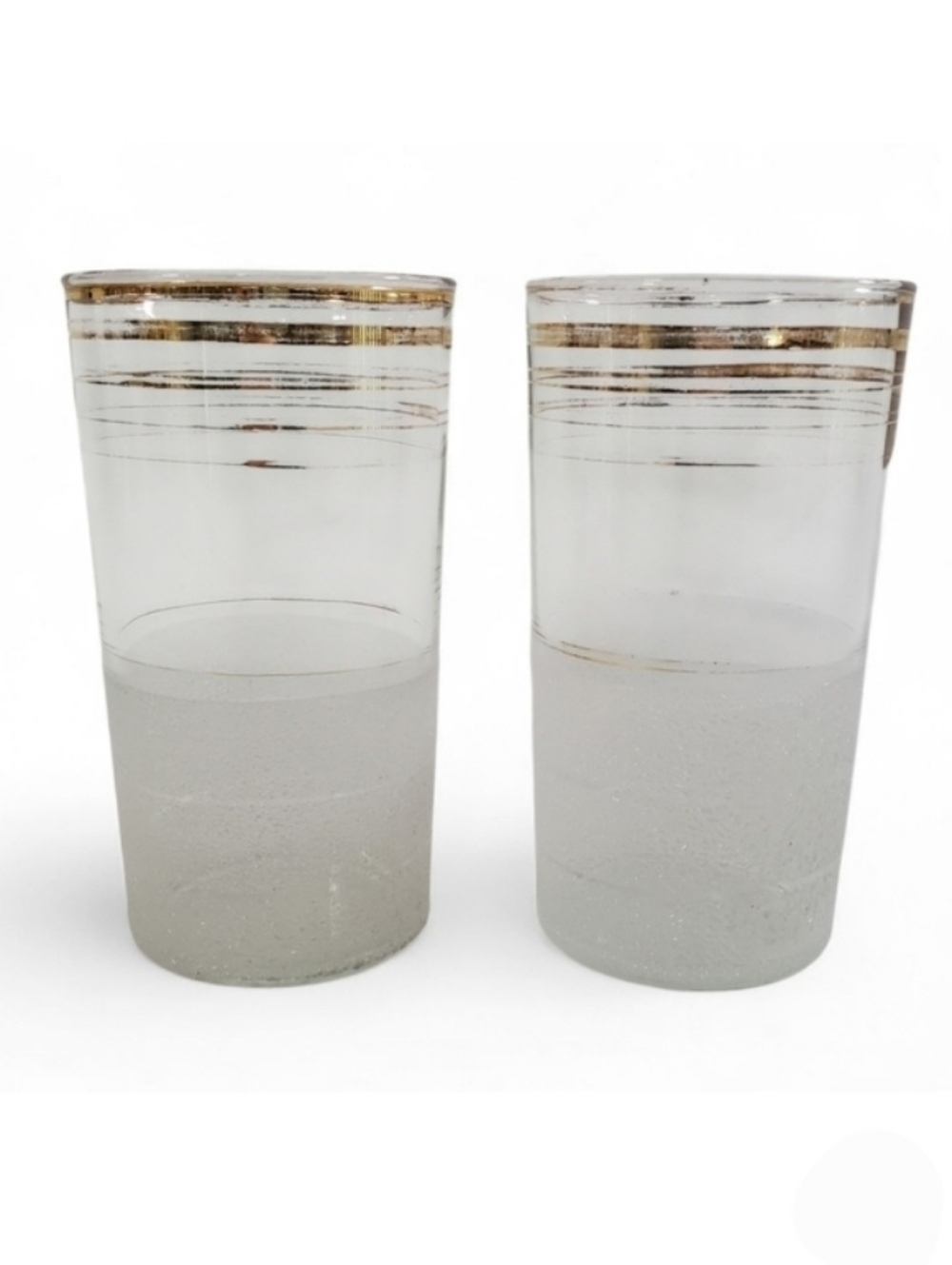 Frosted Highball Glasses with Gold Banding MCM Barware Set of 2 Vintage